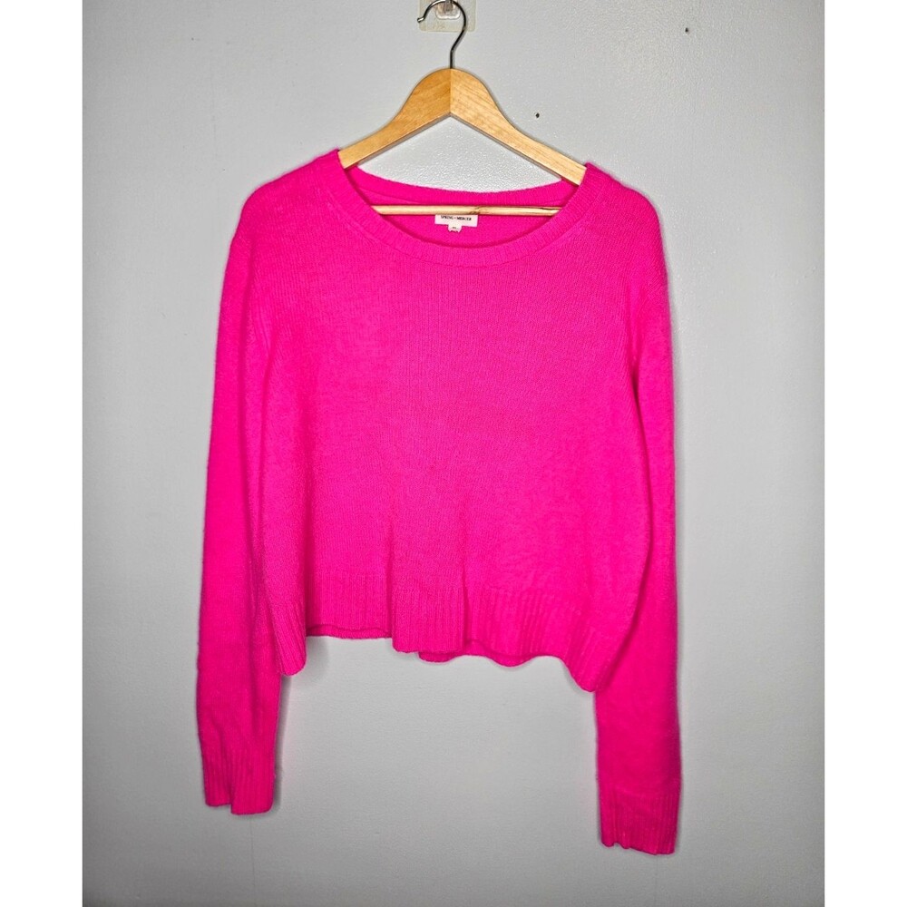 SPRING + MERCER Hot Pink Cashmere Sweater XL Crop Length Wide Neck Soft Cozy